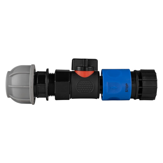 20mm MDPE straight valve with BSPF quick-connect hose connector, 3/4" BSPF