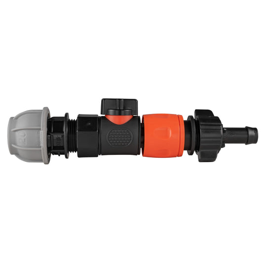 20mm MDPE straight valve with BSPF quick connect and 16mm barb hose connector