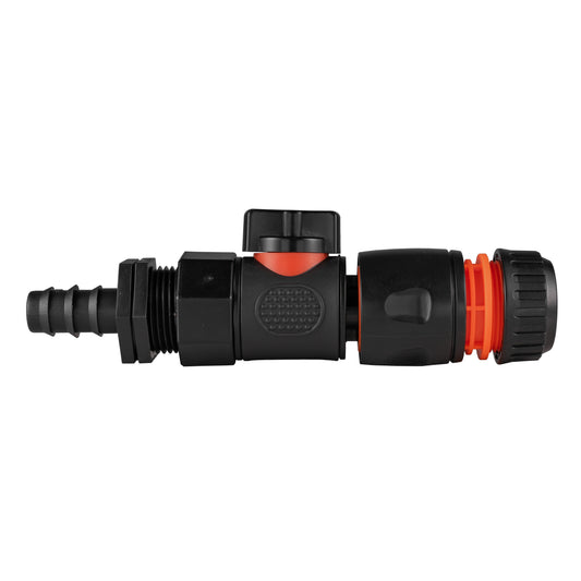 Black 16mm barbed straight BSPF quick-connect valve with hose connector