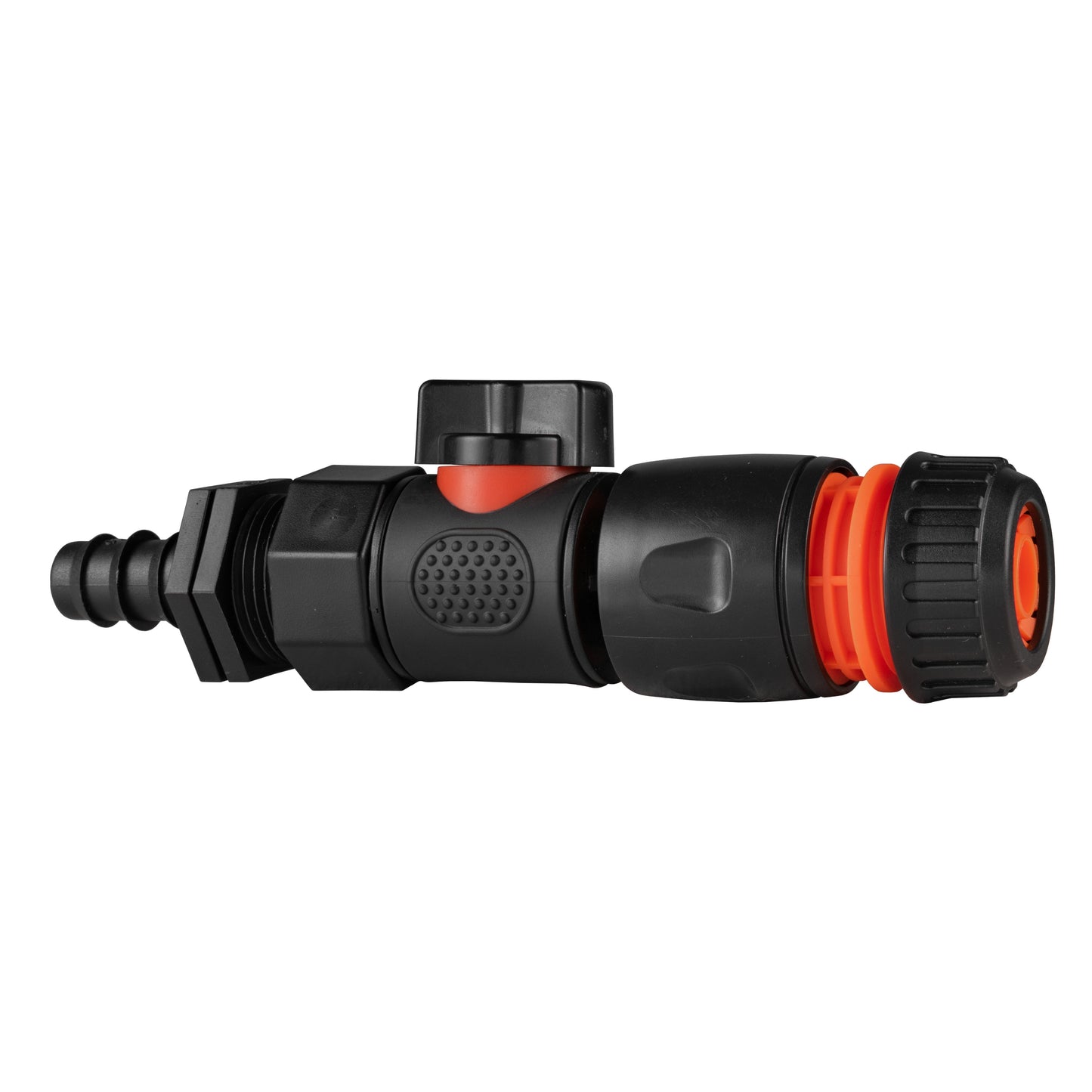Black quick-connect hose fitting with red latch ring and barbed end