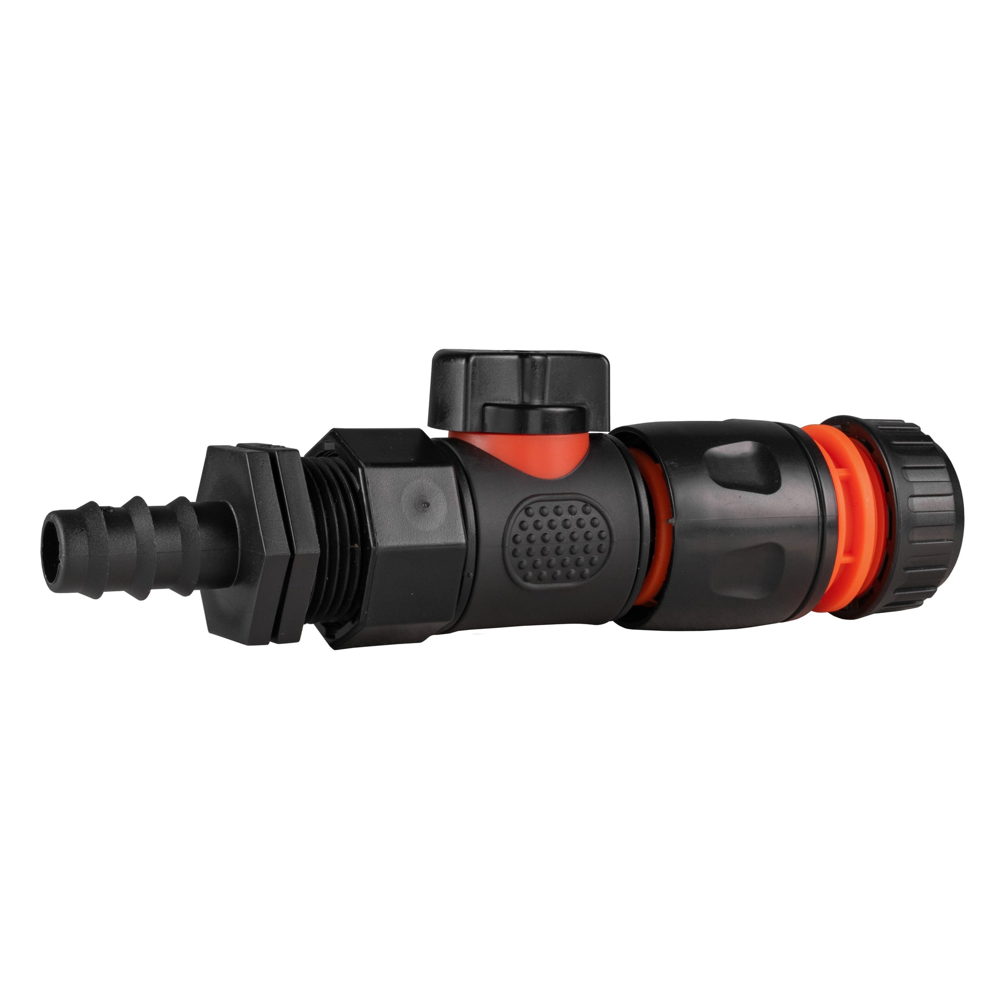 Black straight valve connector with red release ring and barbed thread inlet
