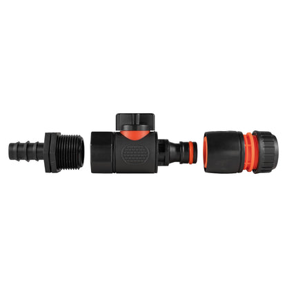 Black 16mm barbed straight connector with BSPF threads and quick-connect sleeve