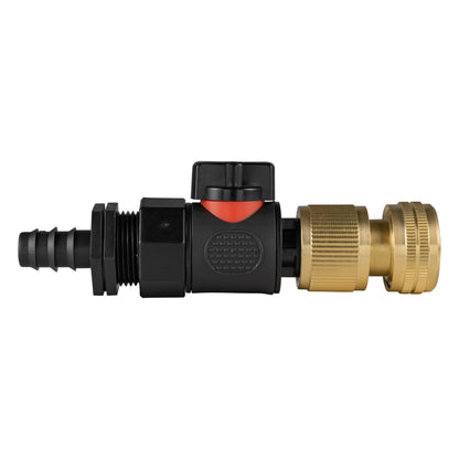 16mm barbed straight BSPF quick-connect valve with hose connector, brass ends and black body