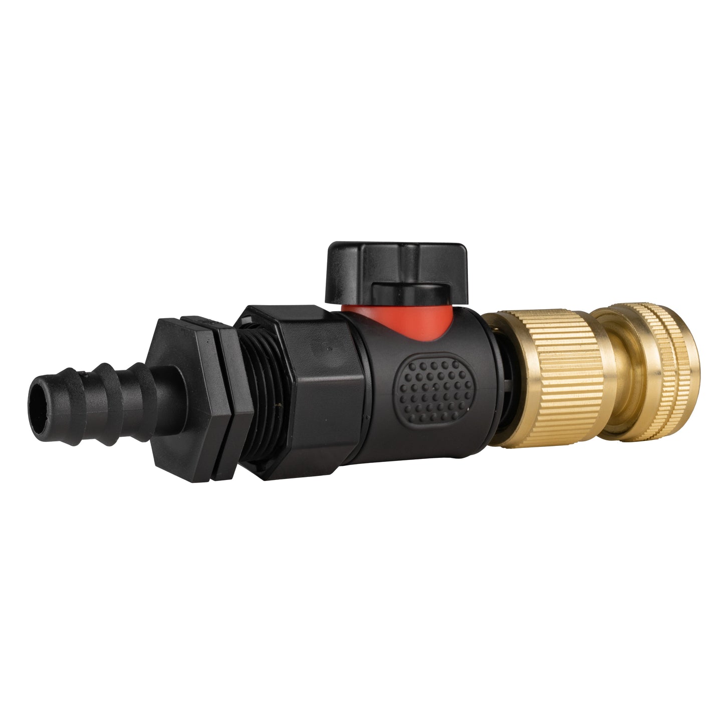 Black quick-connect valve with red release tab and brass barbed hose connector ends