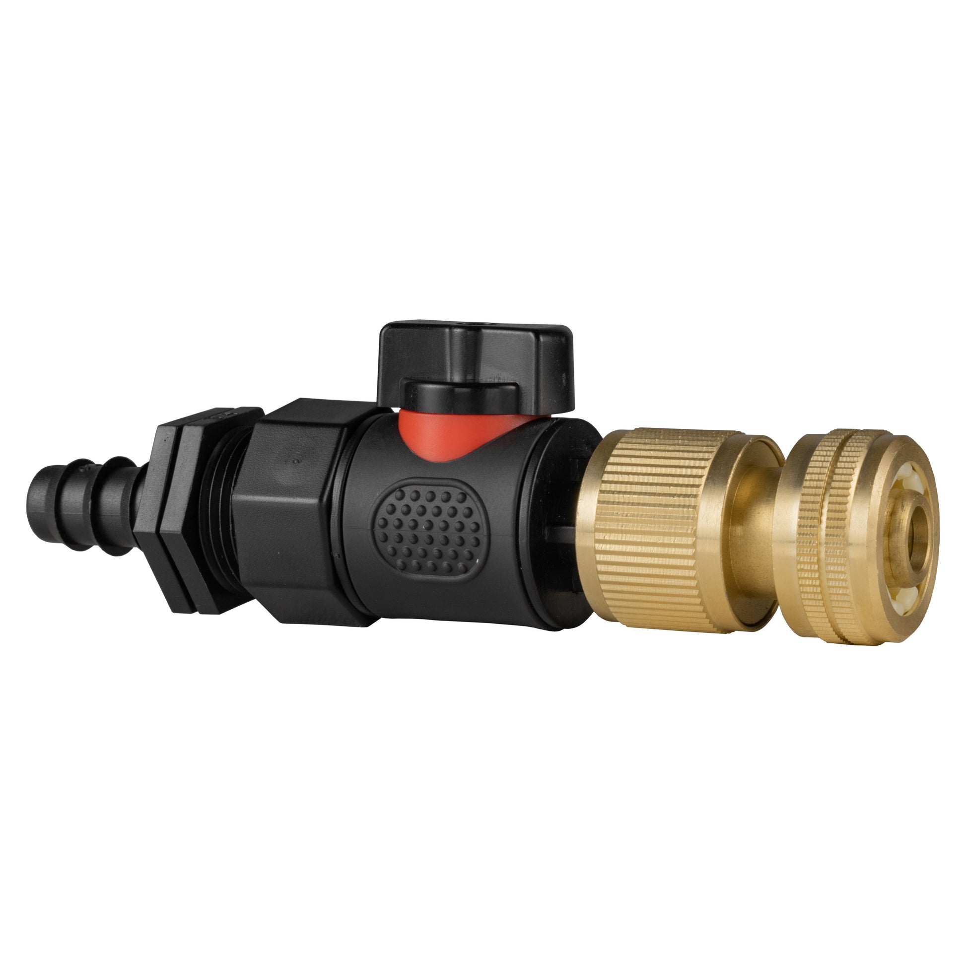 Straight quick-connect valve with red release ring and brass hose fittings, barbed ends