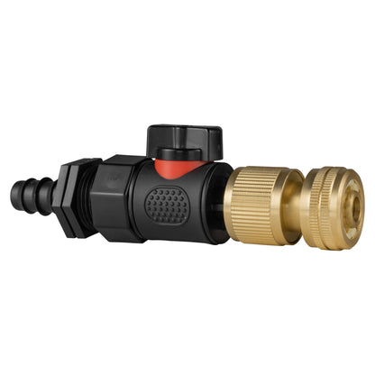 Straight quick-connect valve with red release ring and brass hose fittings, barbed ends