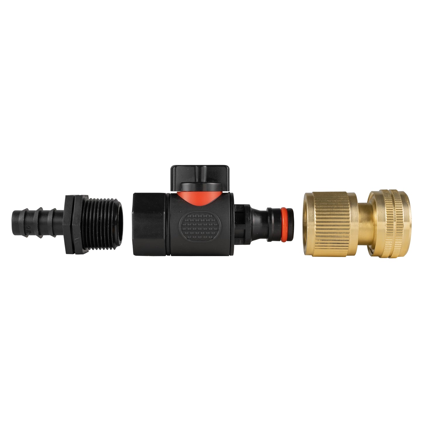Quick-connect valve in line: black body, red push button, and two brass threaded fittings