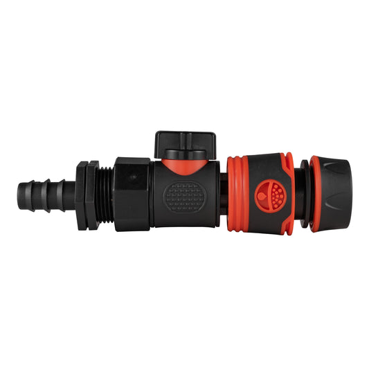 Black 16mm straight barbed valve with BSPF quick-connect hose connector