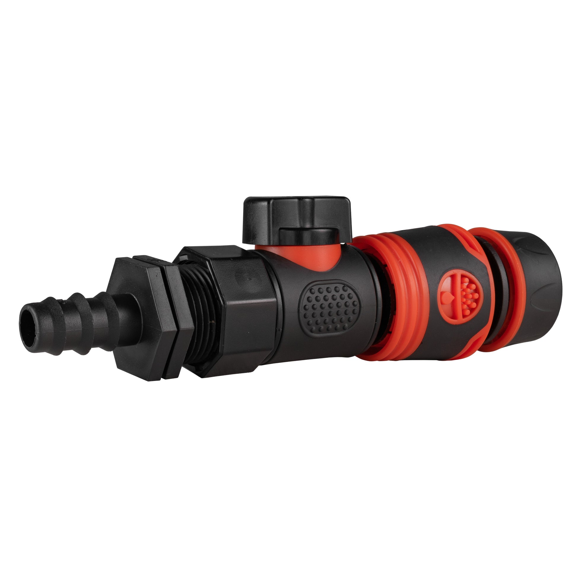 Black BSPF straight valve with barbed outlet and red quick-connect collar