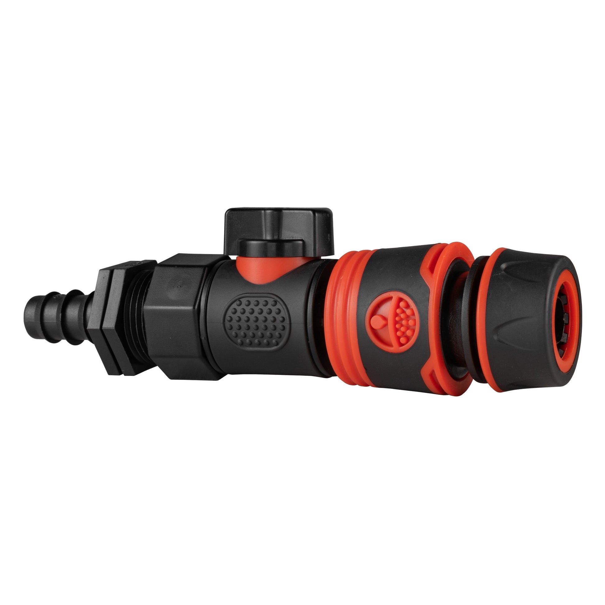 Black straight hose connector valve with red quick-connect face and barbed end