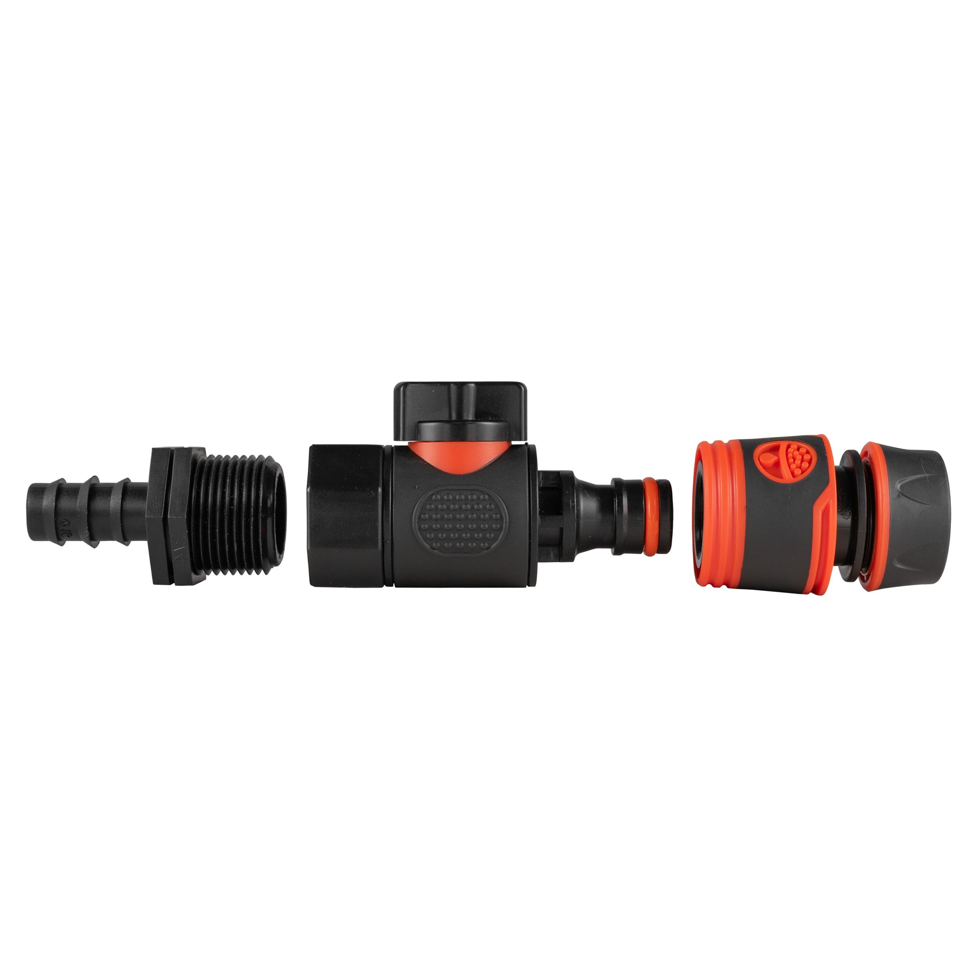 Black straight valve adapter with threaded BSPF end and red quick-connect section