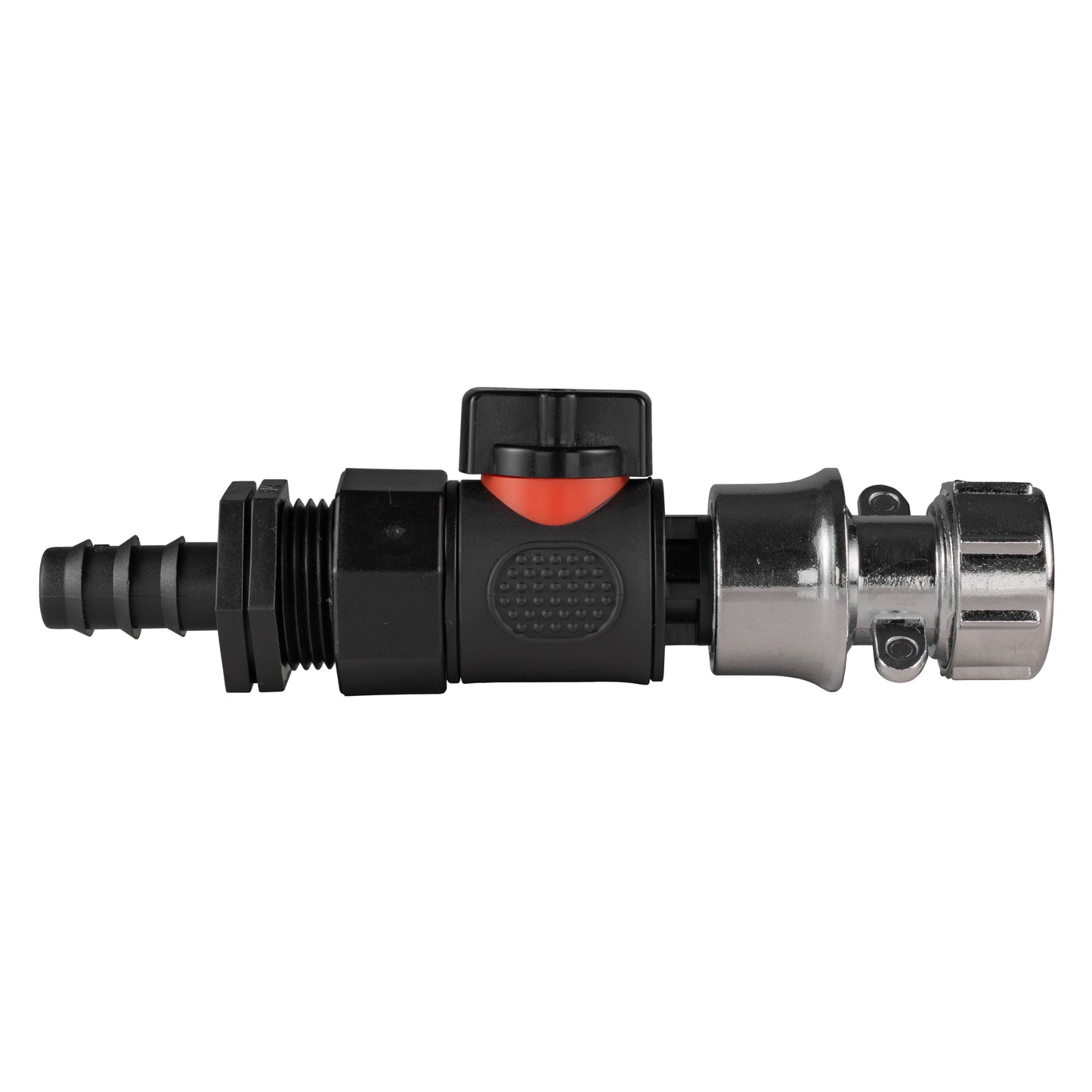 16mm barbed straight quick-connect valve and hose connector with red/black handle and zinc ends
