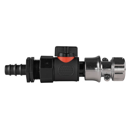 16mm barbed straight quick-connect valve and hose connector with red/black handle and zinc ends