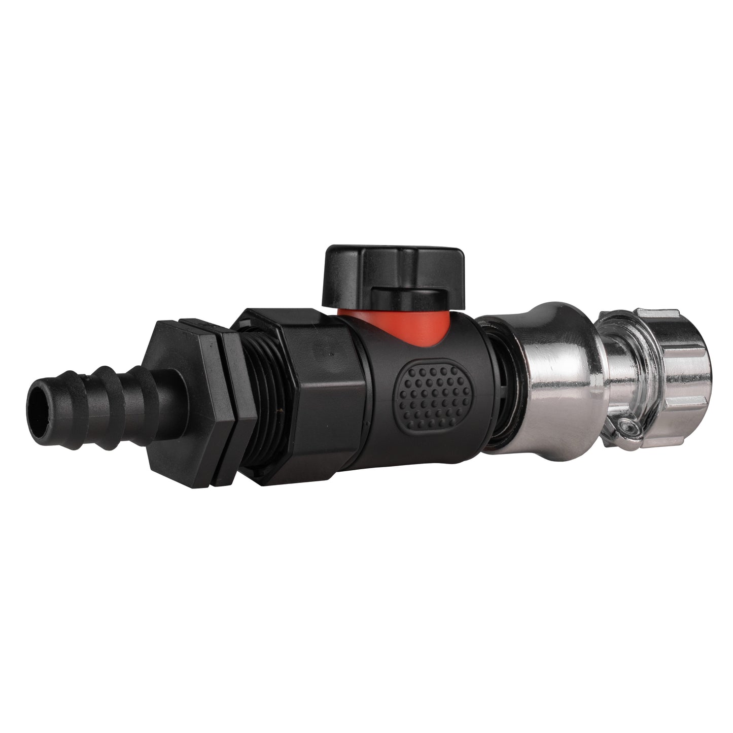 16mm barbed straight quick-connect valve connector with visible locking collar and barb port