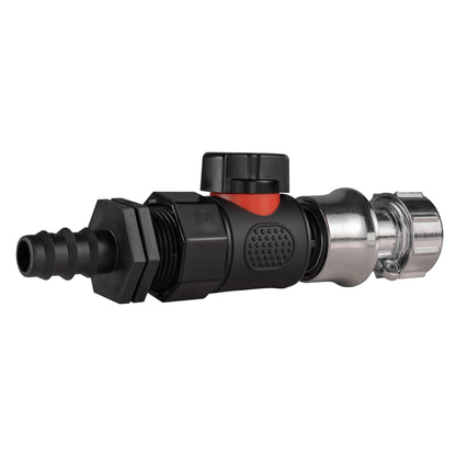 16mm barbed straight quick-connect valve connector with visible locking collar and barb port