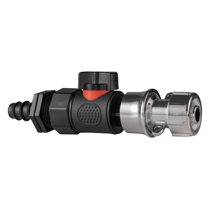 16mm barbed straight quick-connect valve with red actuator and silver metal coupling