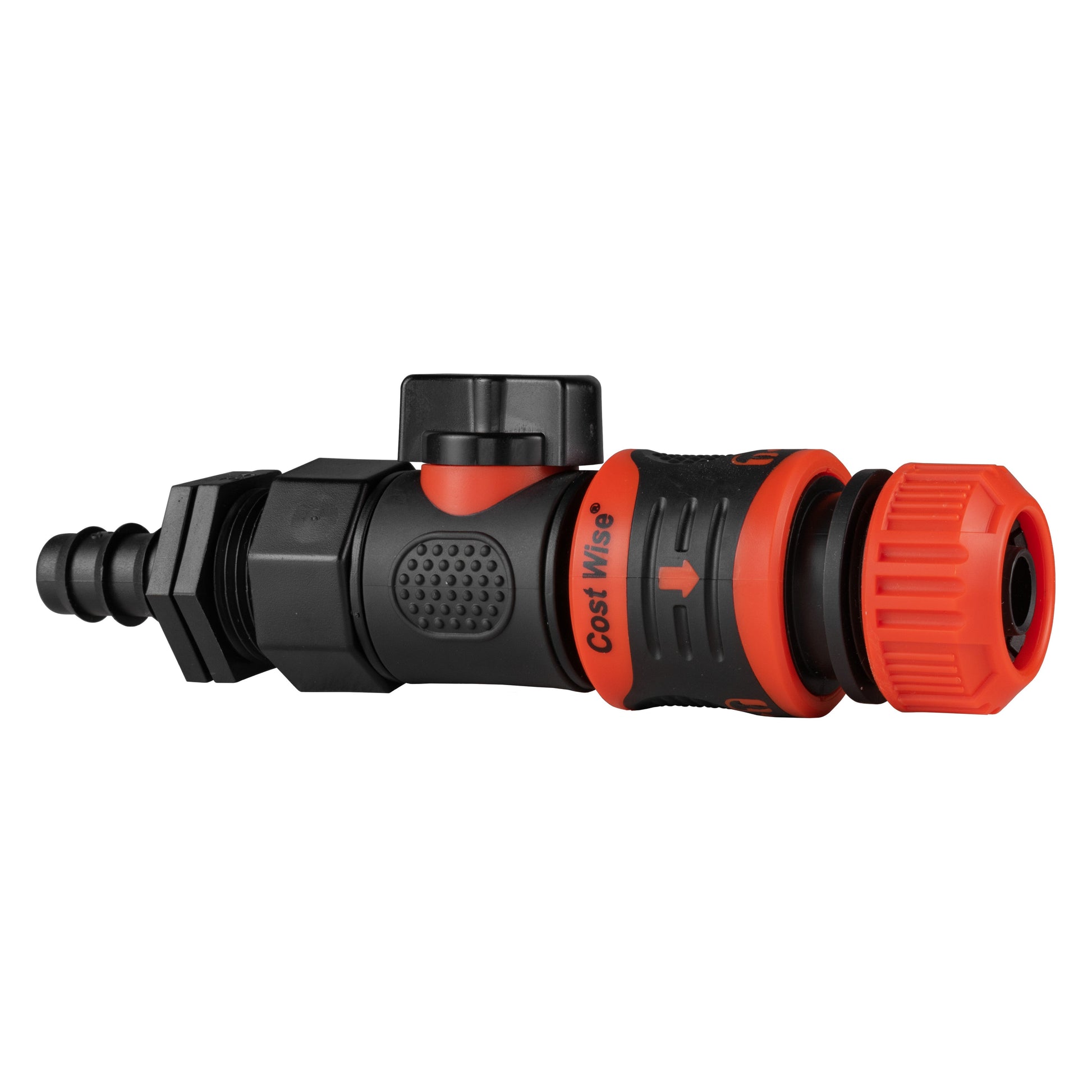 Barbed straight BSPF quick-connect valve with orange/red hose connector and black body