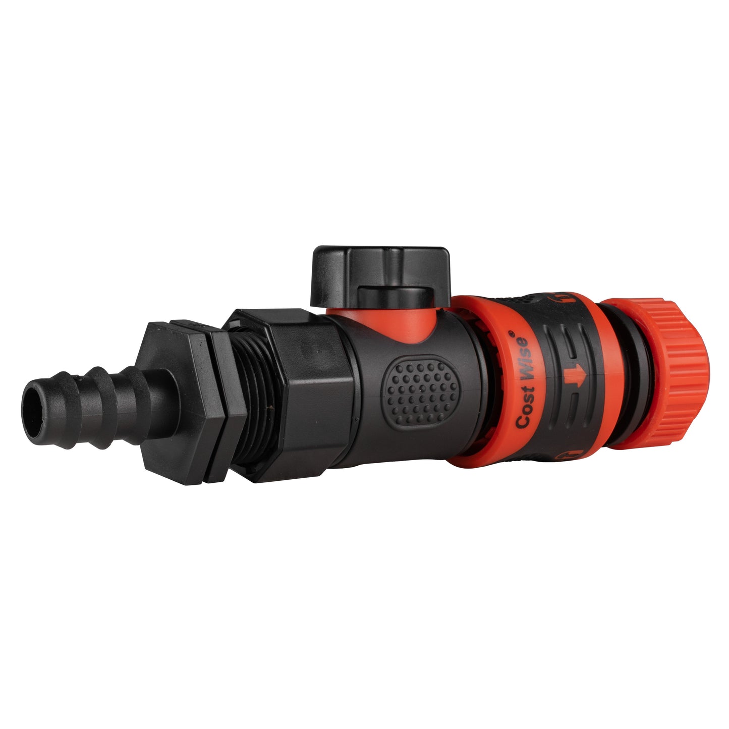 Barbed straight BSPF quick-connect valve showing orange textured hose end and black threads