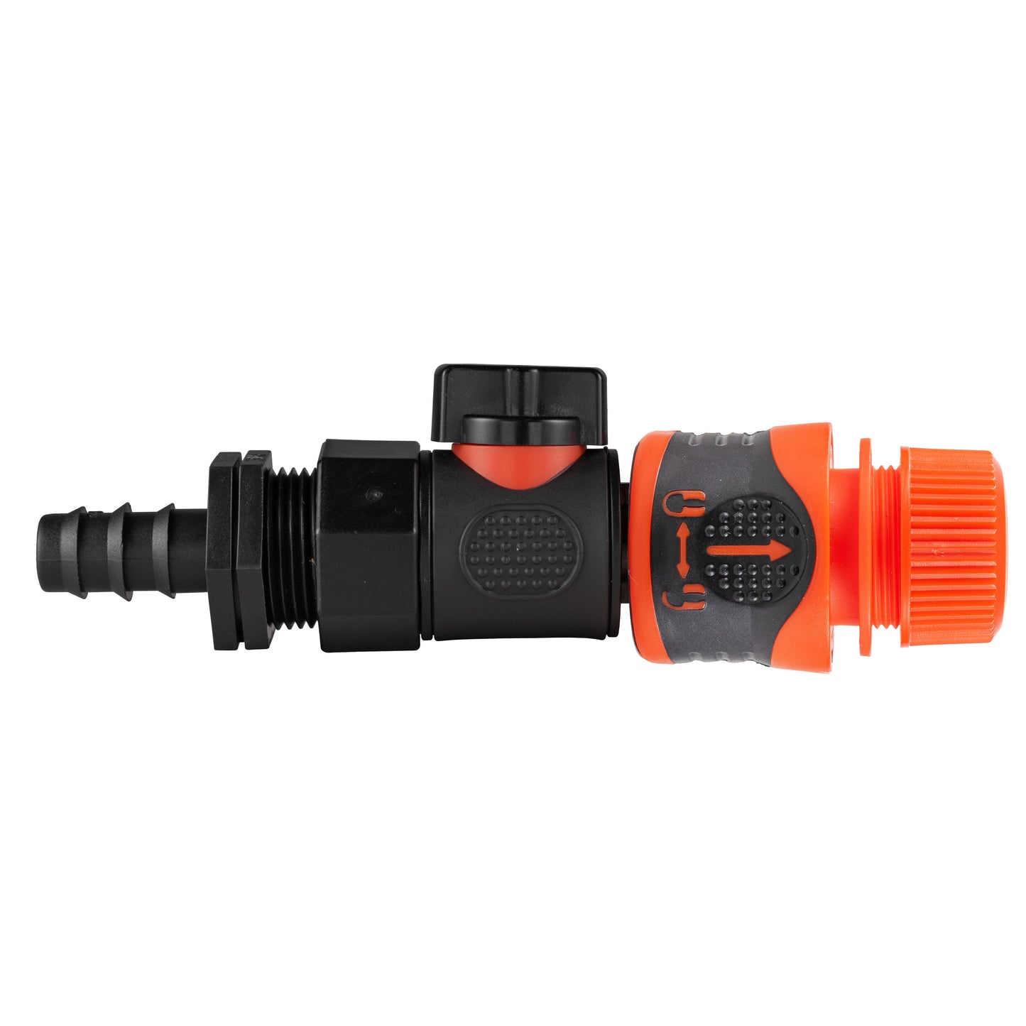 16mm barbed straight BSPF quick-connect valve with hose connector lock, black and orange