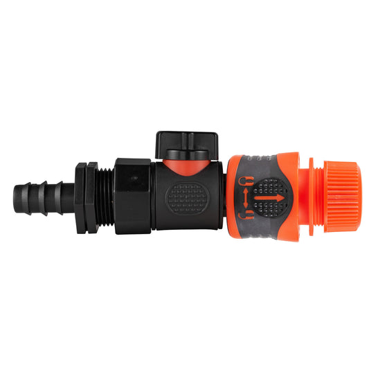 16mm barbed straight BSPF quick-connect valve with hose connector lock, black and orange