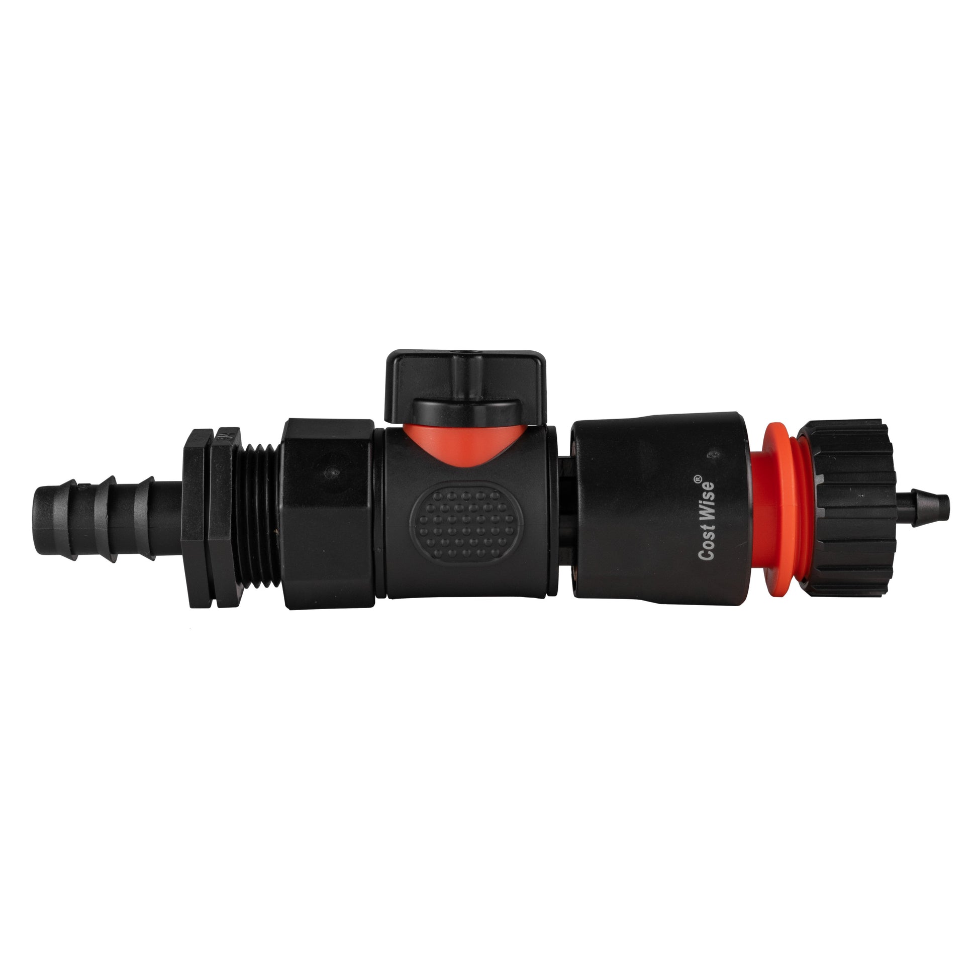16mm straight barbed valve with BSPF quick-connect and 4mm barb, black body, red ring