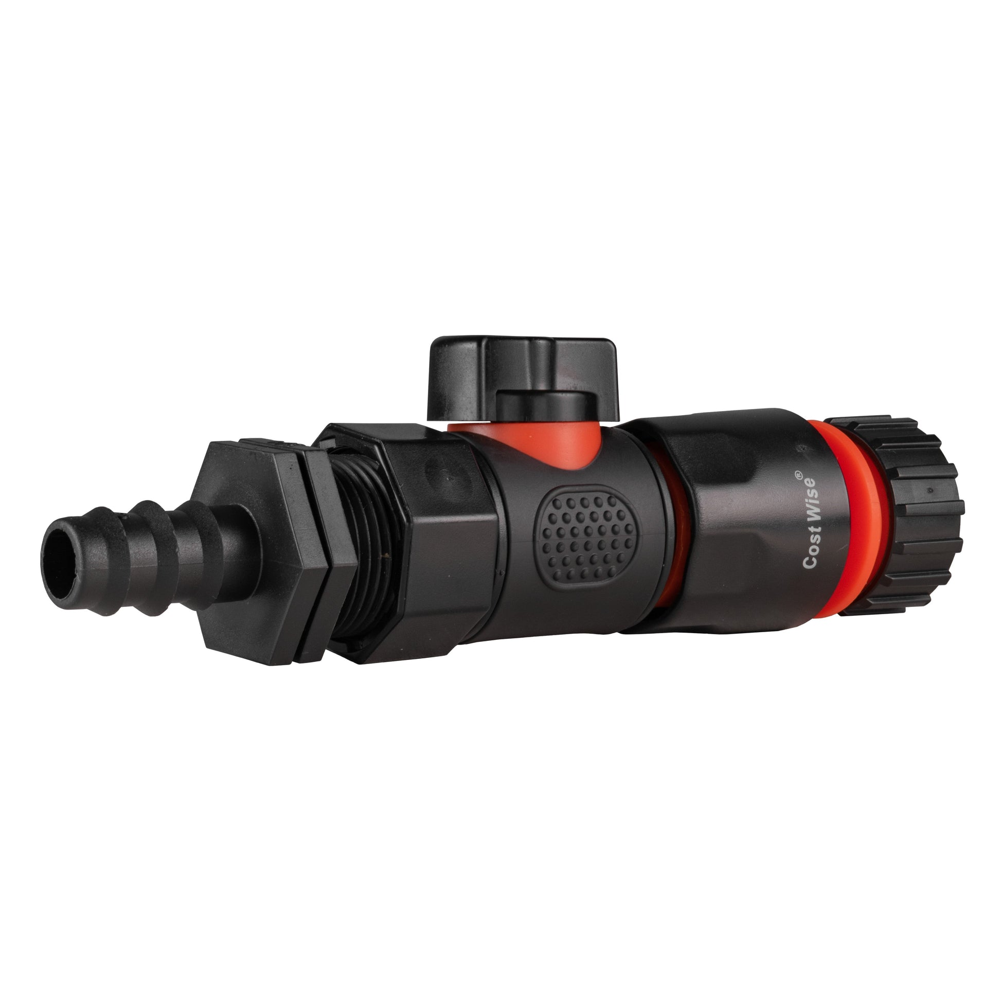 Black BSPF quick-connect valve, straight barbed 4mm outlet barb, red release collar