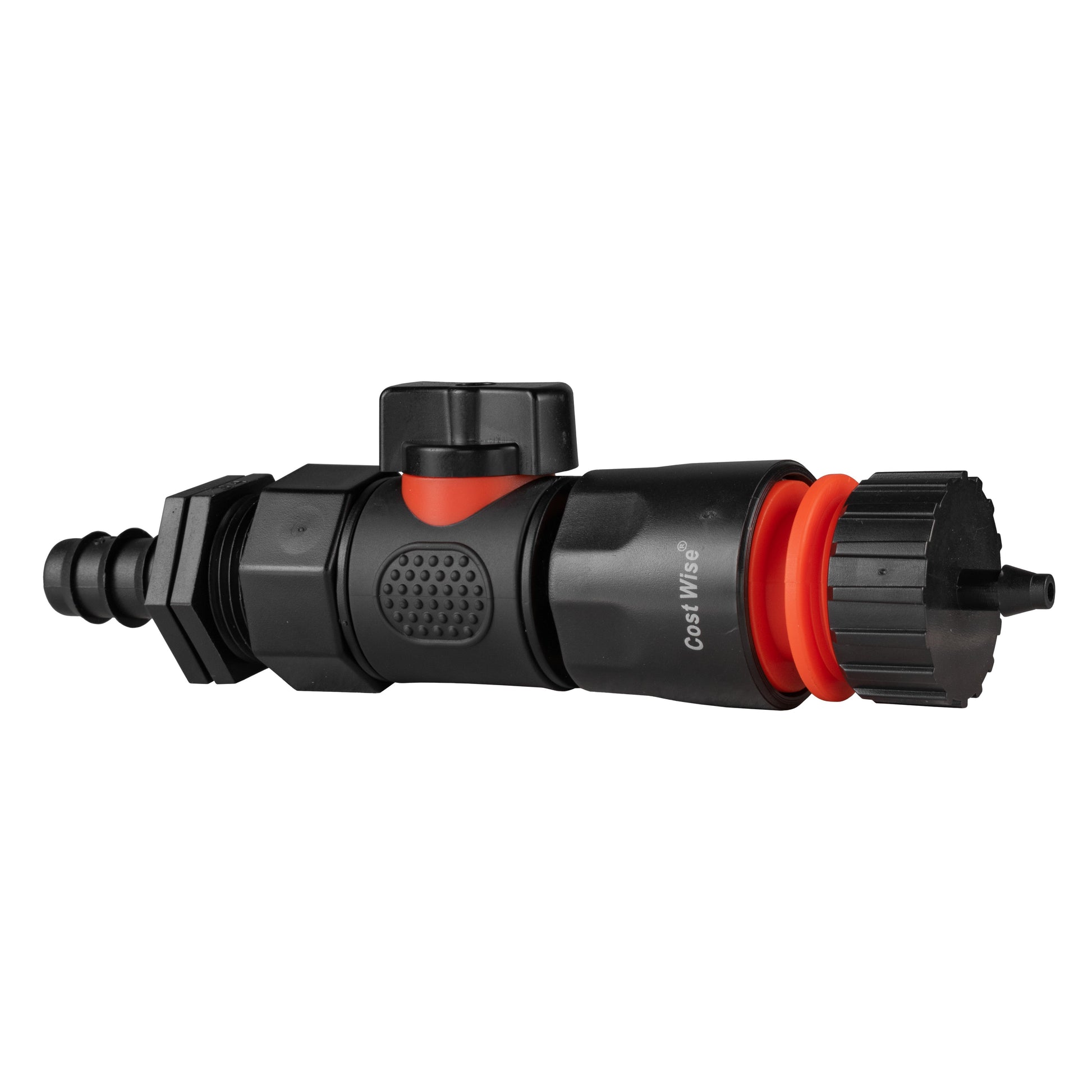 Straight quick-connect hose connector with 4mm barbed end, black housing and red ring