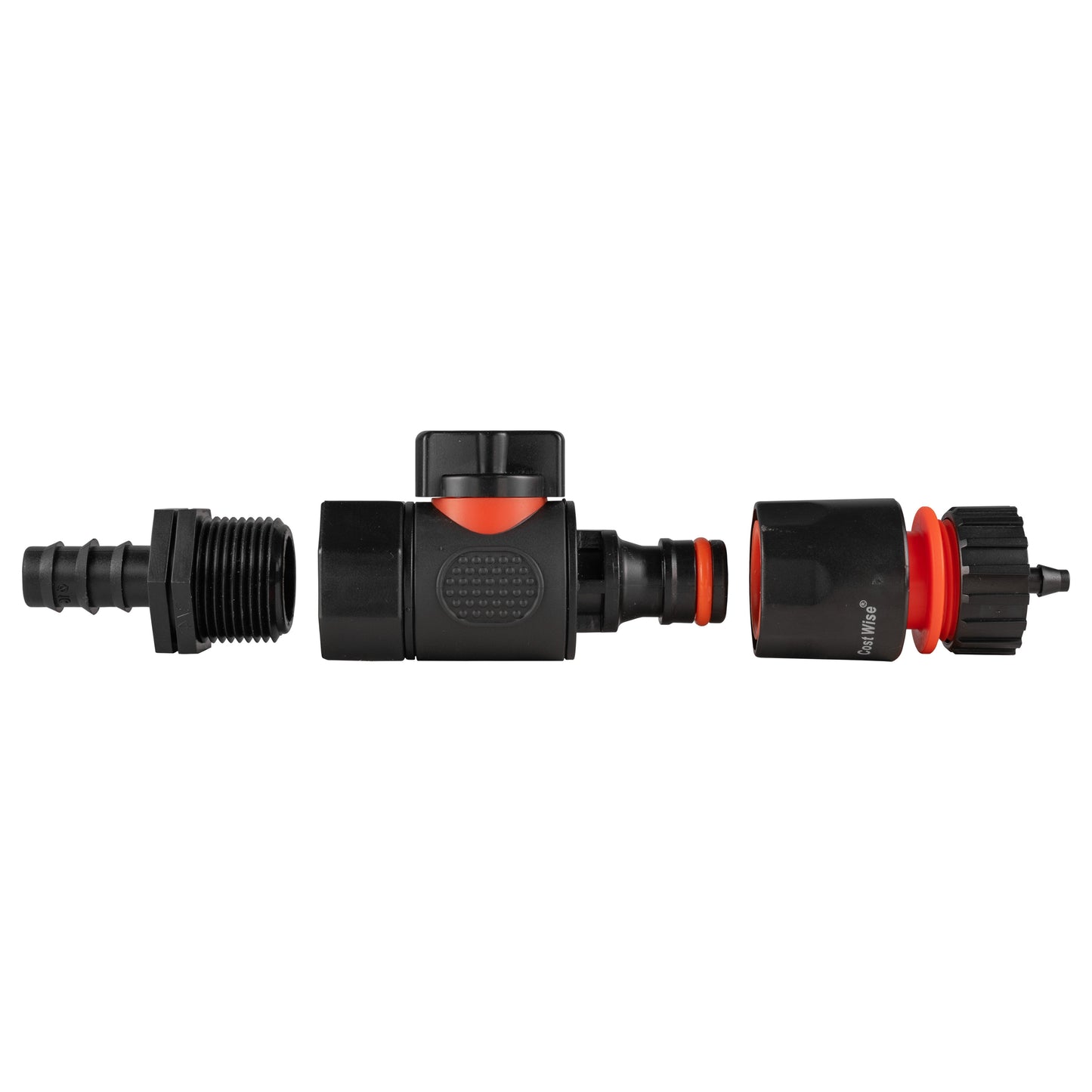 16mm barbed straight BSPF quick-connect valve, left threaded port and right barb