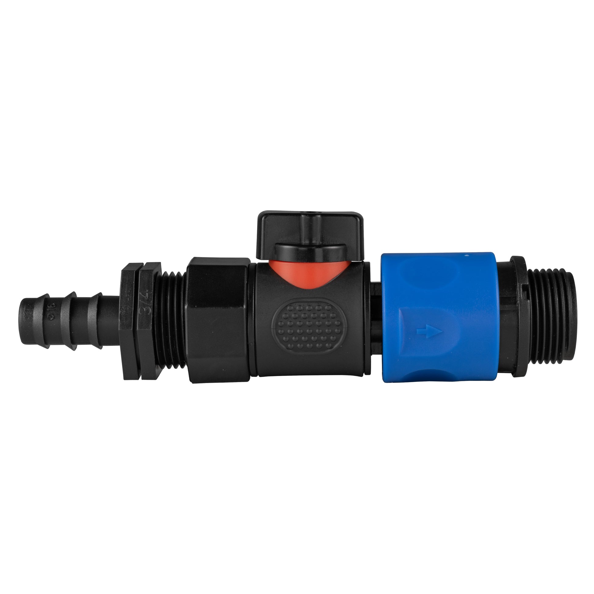 Straight 16mm barbed BSPF quick-connect valve hose connector, blue end and black body