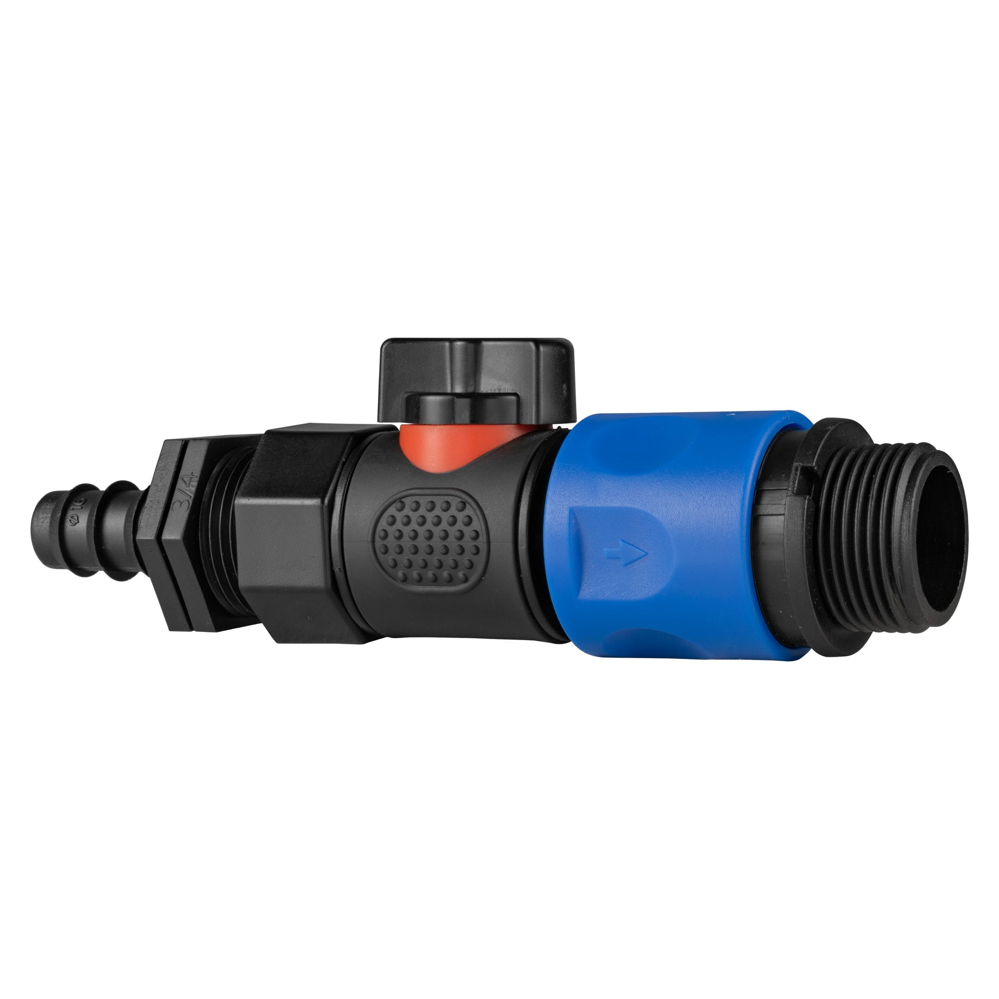Straight valve with textured grip and red indicator, black and blue BSP hose connector