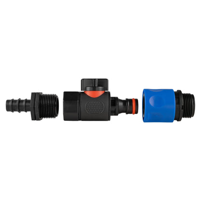 Angled view: black valve body with red release button and blue quick-connect coupler