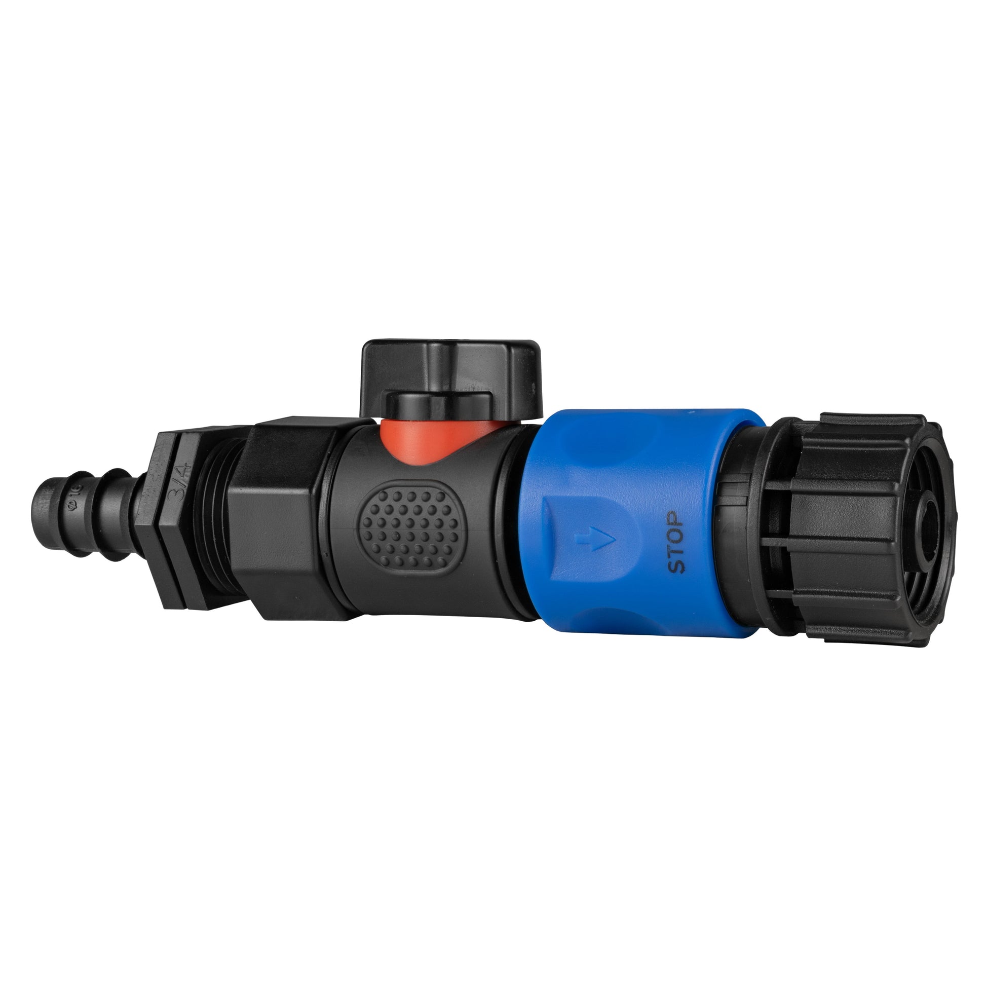 Barbed straight connector with BSPF quick-connect valve, blue STOP section on right