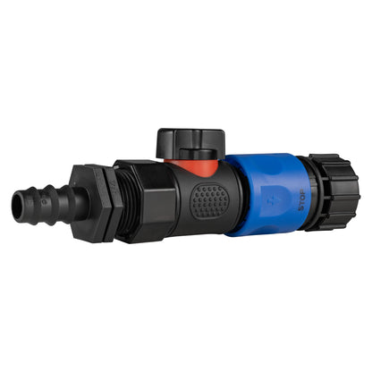 Barb straight BSPF quick-connect valve with red release ring and blue STOP collar