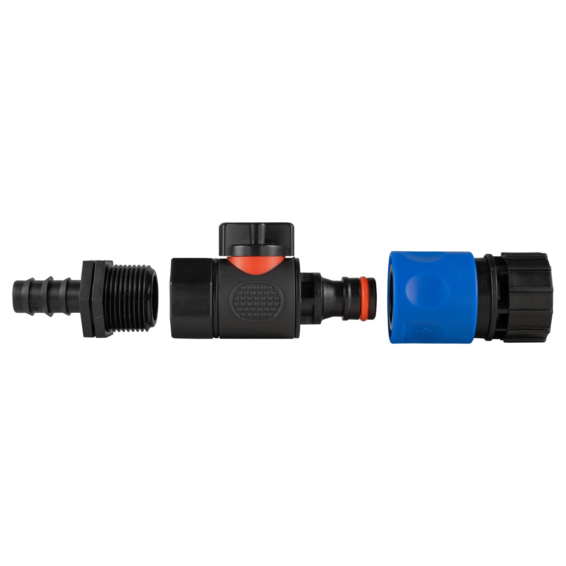 Straight barbed connector with BSPF quick-connect, blue STOP end and red release tab