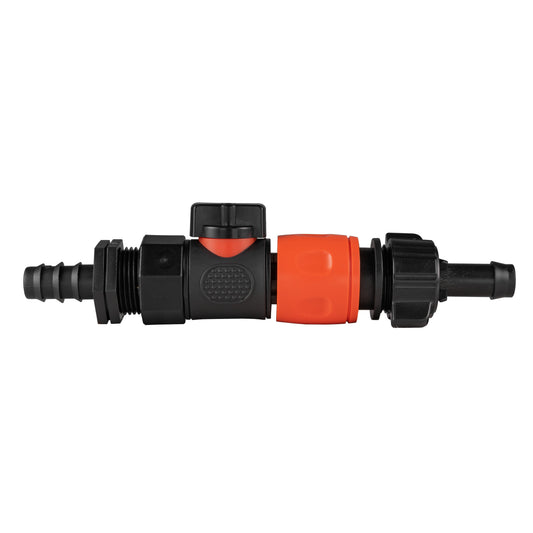 16mm barbed straight BSPF quick-connect valve and hose connector, black with orange lock ring