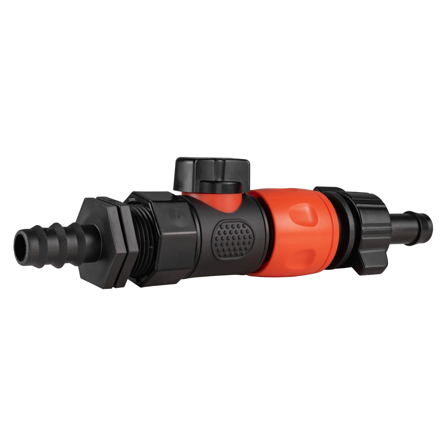Barbed straight hose connector, 16mm BSPF quick-connect valve, black body with orange band