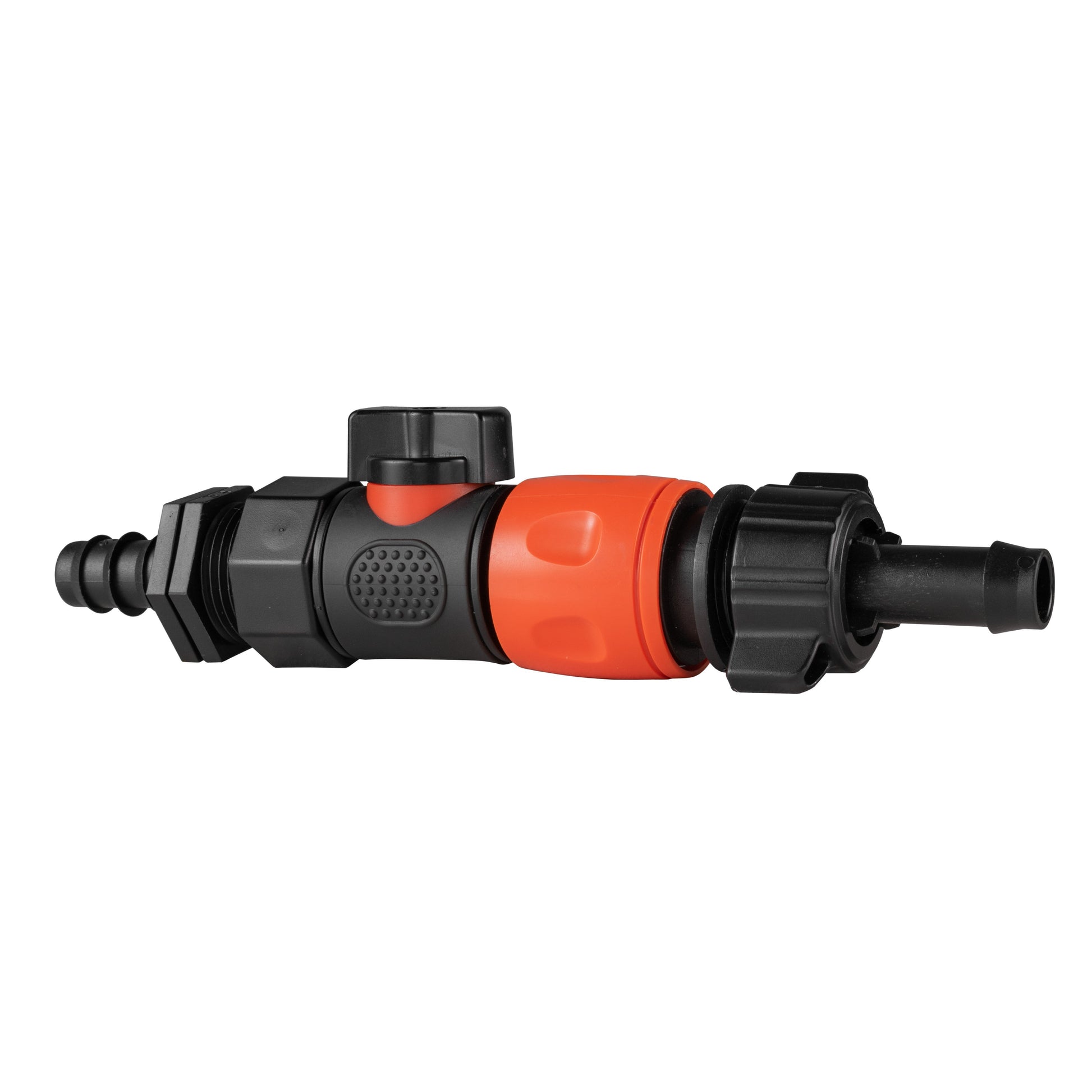 16mm straight quick-connect valve with barbed ends, black housing and orange center ring