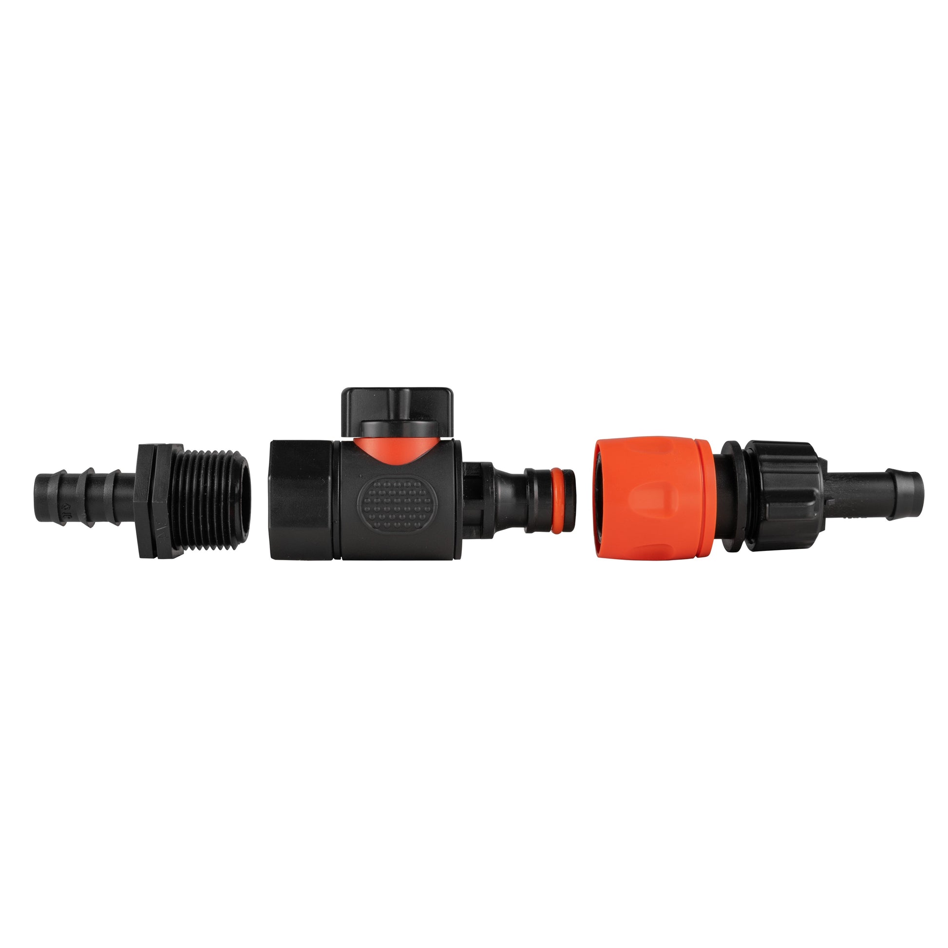 16mm barbed straight BSPF quick-connect valve connector, split view with orange sealing ring