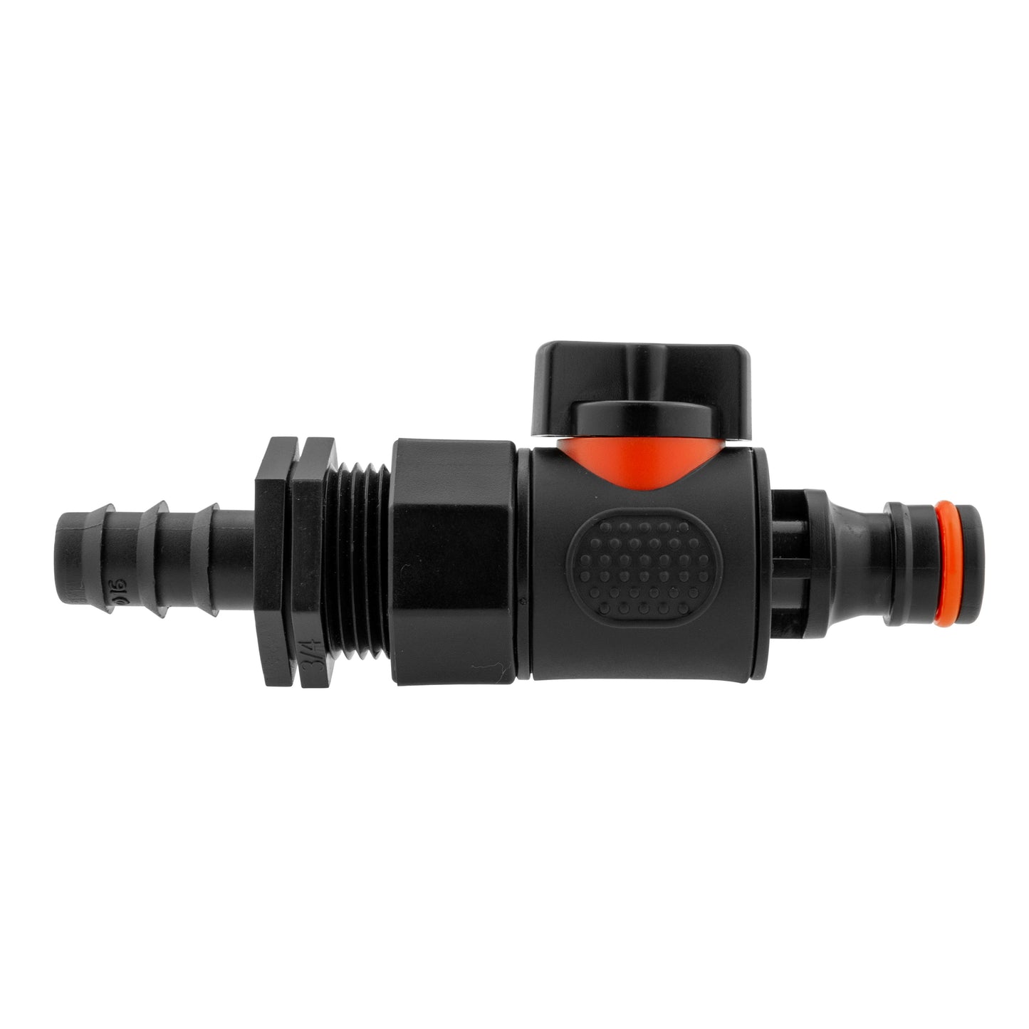 16mm barbed straight male quick-connect valve with BSPF thread, black housing, orange ring