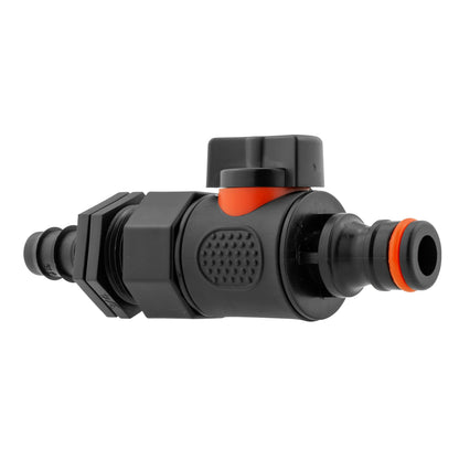 16mm barbed straight male quick-connect valve, black body with orange insert and ports