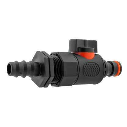 16mm barbed straight male quick-connect valve, angled view of barb end and orange seal