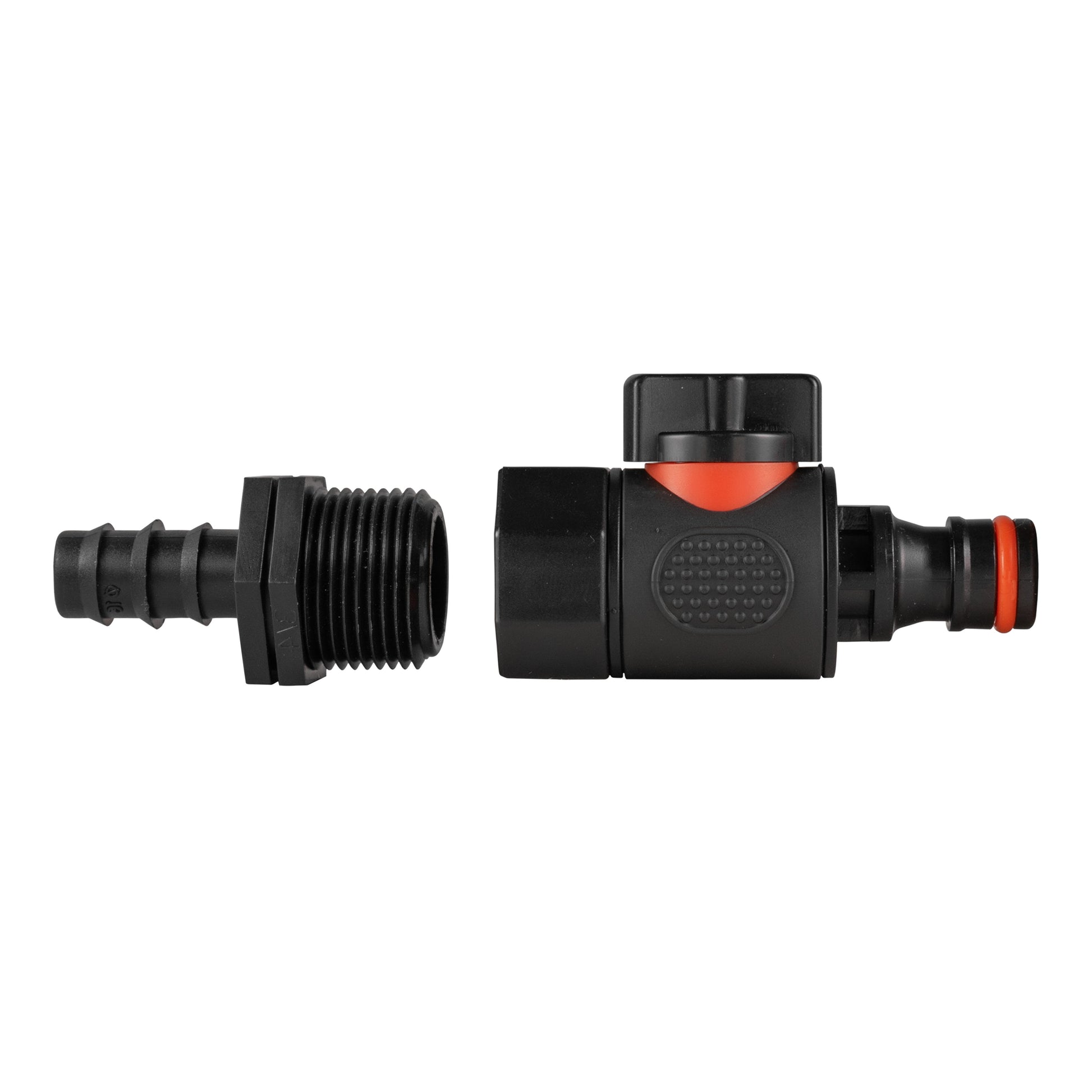 16mm barbed straight male quick-connect valve with BSPF threads and orange capped end