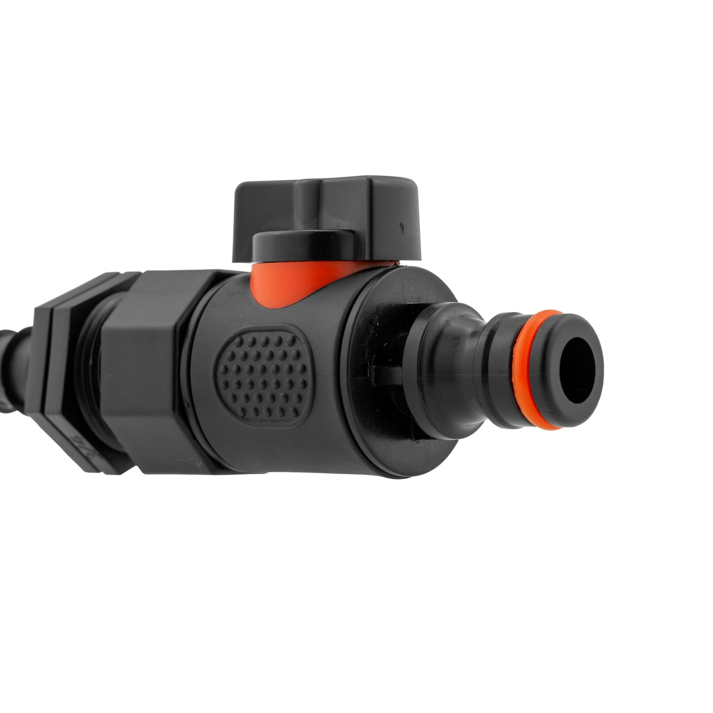 16mm barbed straight male quick-connect valve, close-up of circular port and orange ring