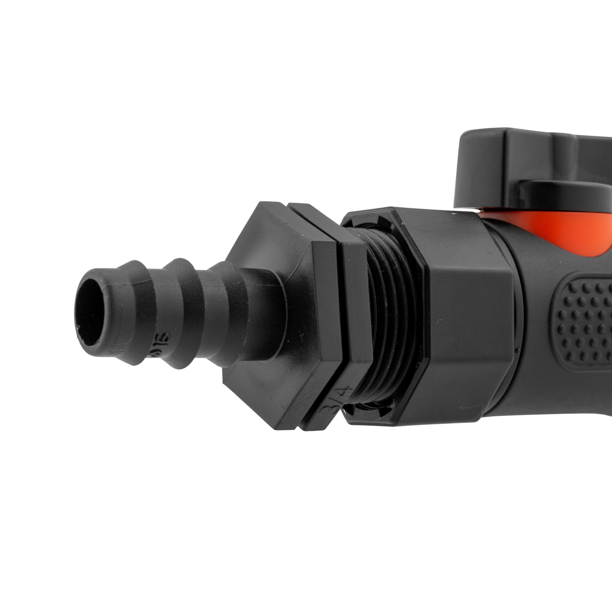 16mm barbed straight male quick-connect valve, side view of threaded connection and barb