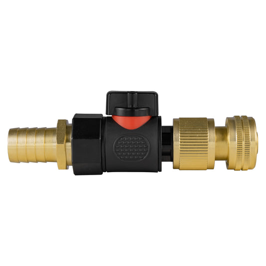 19mm brass barb quick-connect valve with BSPF fitting, black and red handle