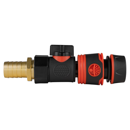 19mm brass barb quick-connect valve and hose connector, black body with red accents