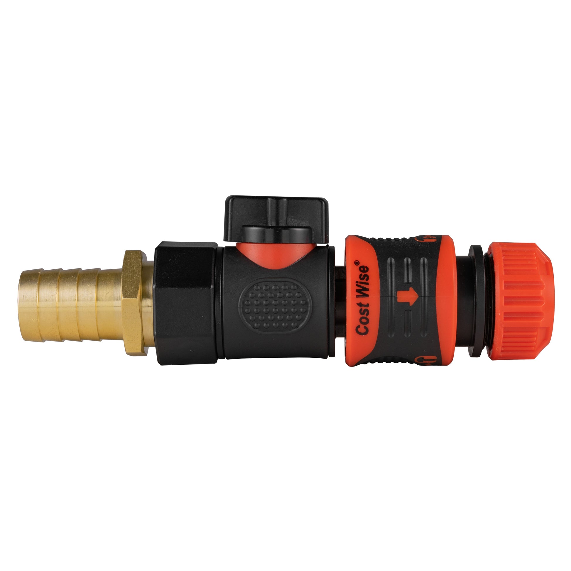 19mm brass barbed quick-connect hose connector with Cost Wise grip, black/orange