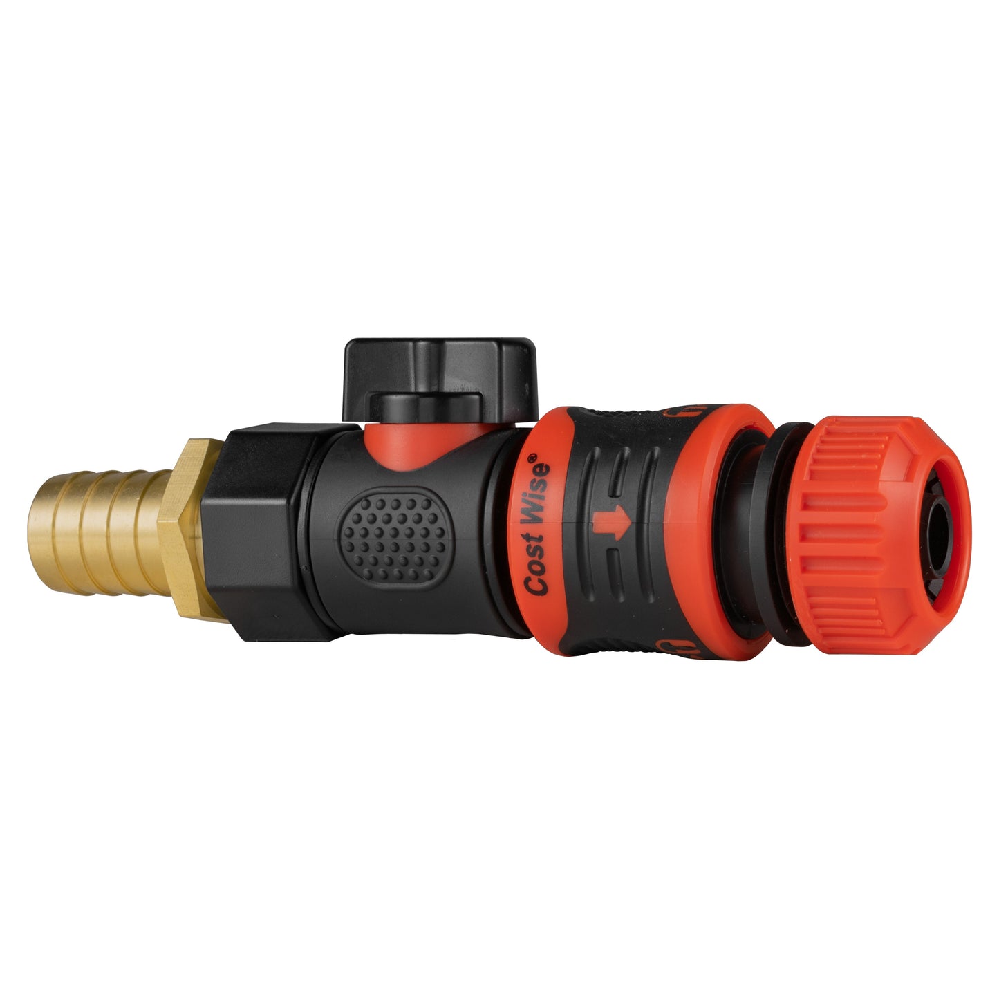 19mm brass barbed quick-connect hose connector with orange ribbed end cap, black housing