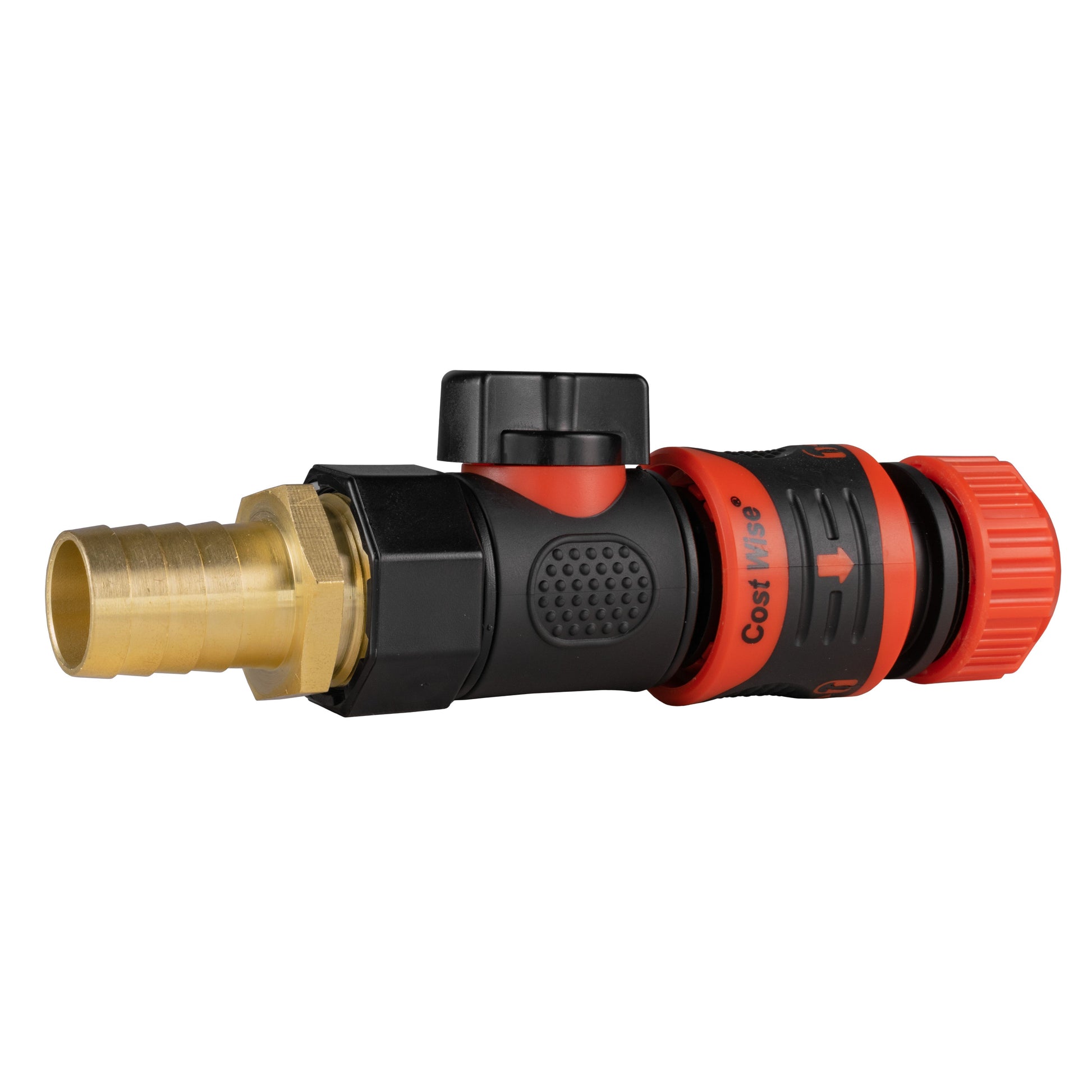 19mm brass barbed connector with BSPF quick-connect valve, side view, black/orange