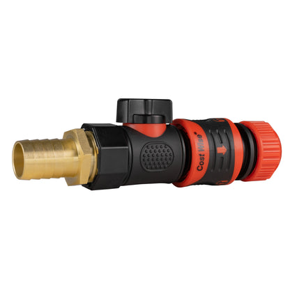 19mm brass barbed connector with BSPF quick-connect valve, side view, black/orange